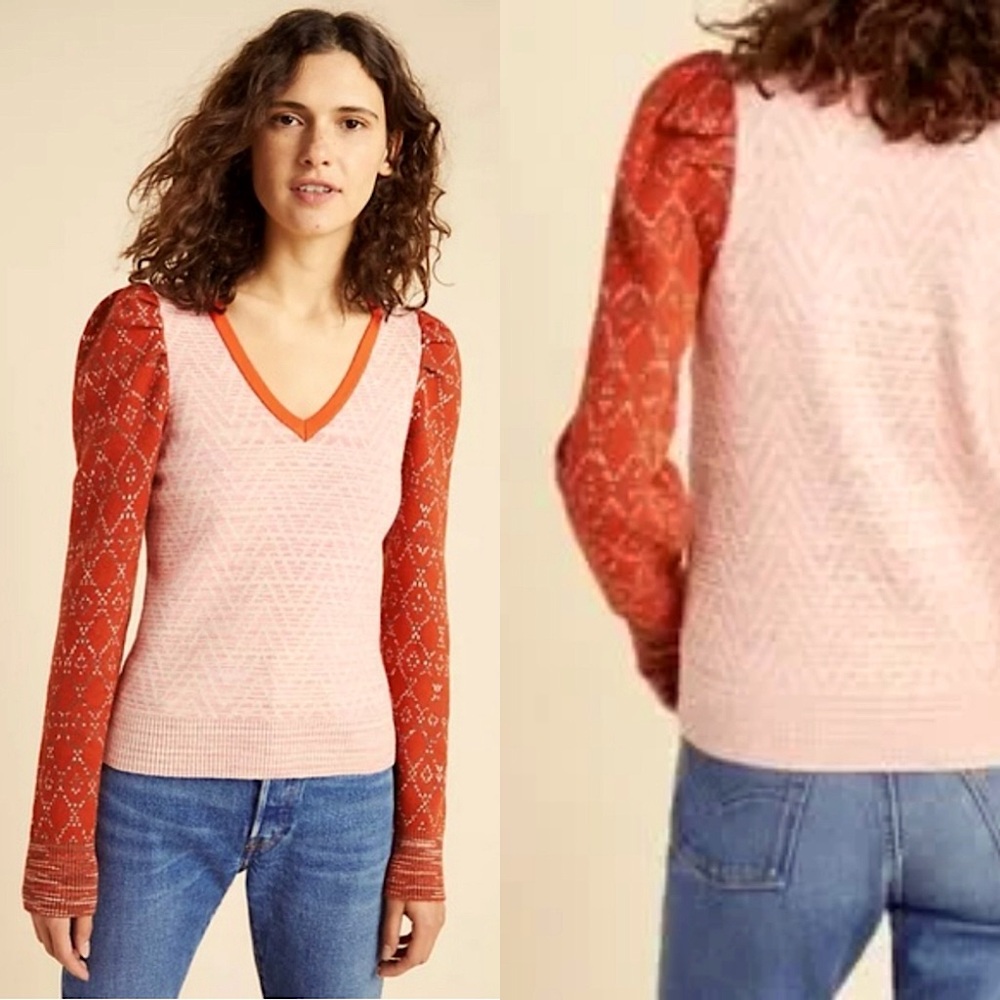 By Anthropologie Sweater Womens Size S Pink Orange Puff Sleeve V Neck Pullover
